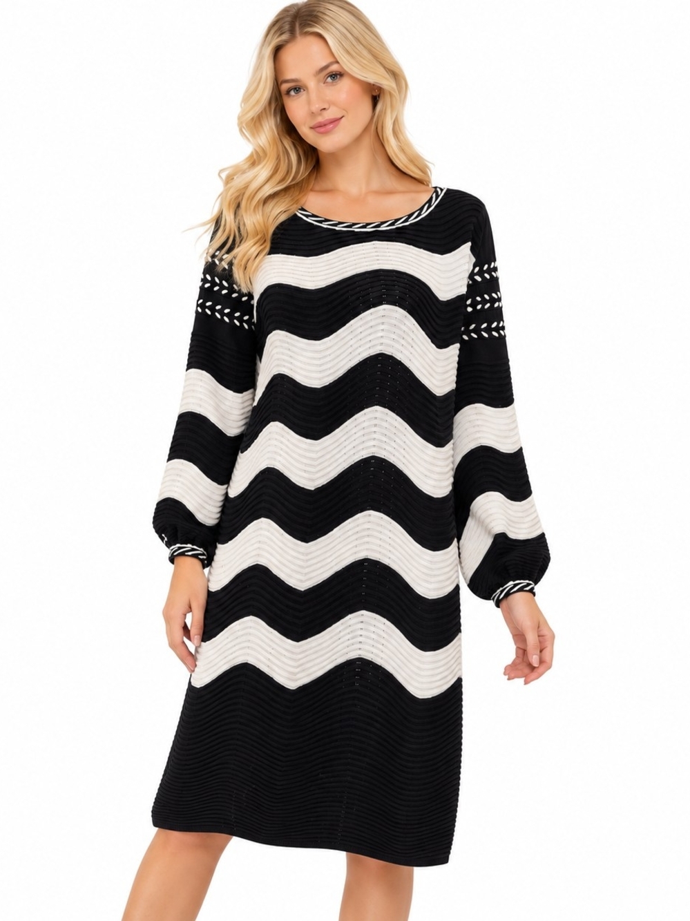 Etcetera Black and White Wave Knit Long Sleeve Dress